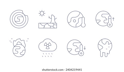 Climate change icons. Editable stroke. Containing ozone layer, drought, global warming, acid rain, temperature.