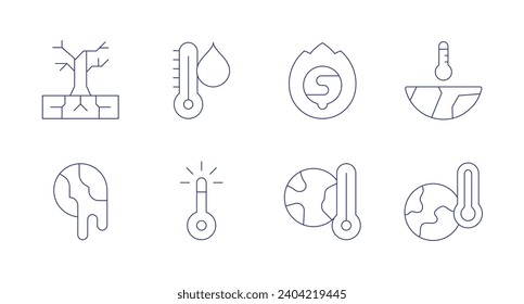 Climate change icons. Editable stroke. Containing desertification, water temperature, global warming, extreme weather, climate change.