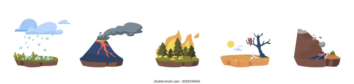 Climate Change Icons Set. Global Ecology Problems Hail Shower, Rockfall, Warming Greenhouse Effect, Forest Fires and Volcano Eruption. Air and Water Pollution Consequences. Cartoon Vector Illustration