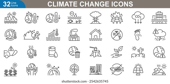 Climate change icons set. Global warming, earth pollution, deforestation, recycling, air pollution, renewable energy and more. vector illustration.