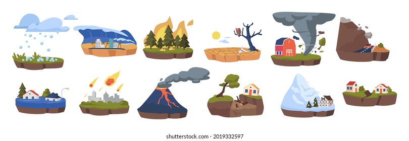 Climate Change Icons Set. Melting Glaciers, Deforestation and Flood, Earthquake, Meteor Rain, Tornado and Hail. Rockfall, Greenhouse Effect, Forest Fires and Volcano Eruption. Vector Illustration