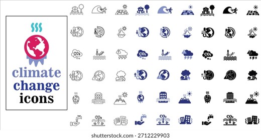 Symbole des Klimawandels gesetzt. Klimawandel, kein Wasser, schmelzendes Eis, Überschwemmungen, Erwärmung der Ozeane, extremes Wetter, Tsunami und mehr. einfacher vollständiger Vektor