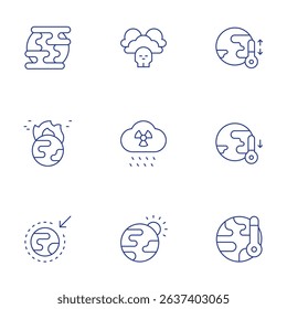 Climate change icons set. Thin Line style, editable stroke. greenhouse effect, global warming, air pollution, acid rain, extreme weather, temperature.