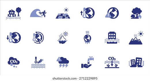 Symbole des Klimawandels gesetzt. Klimawandel, schmelzendes Eis, Erwärmung der Ozeane, extremes Wetter, Tsunami und mehr. einfarbiger Vektor