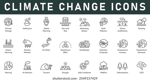 Mudança climática ícones ilustração vetorial com linha fina curso editável contém derretimento de gelo CO2 desmatamento vida selvagem seca poluição do ar advertência temperatura efeito estufa inundação