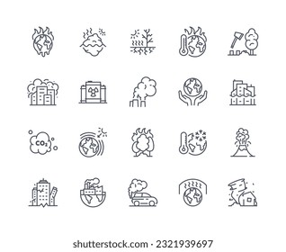 Climate change icons vector outline. Caring for ecology and environment, ecosystem. Drought and earthquakes. Graphic elements for website. Linear flat collection isolated on white background