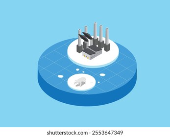 Climate Change Illustration with Industrial Pollution and Melting Ice Habitat 3d isometric vector illustration