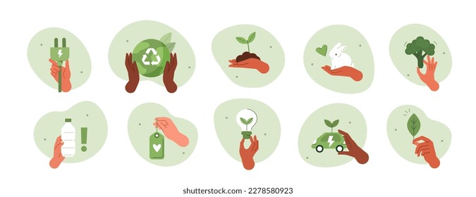 Climate change illustration set. Characters hands holding planet earth, electric car, leaf and other objects as metaphor for green energy, transportation and sustainability. Vector illustration.