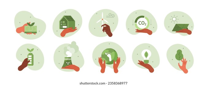 Illustrationssatz zum Klimawandel. Charaktere, die die Erde und andere Objekte des Planeten als Metapher für grüne Energie, Waldschutz und Nachhaltigkeit halten. Vektorgrafik