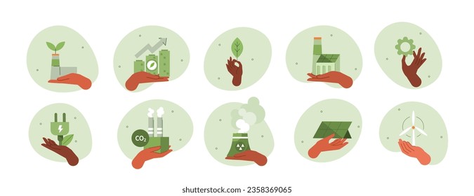 Ilustración del cambio climático. Los personajes poseen fábricas, paneles solares, turbinas eólicas y otros objetos como metáfora de la industria verde, descarbonización y sostenibilidad. Ilustración vectorial.