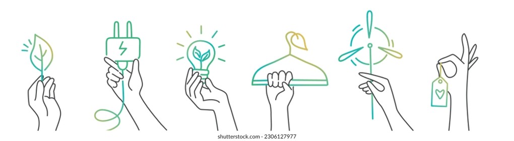 Climate change illustration set. Hands holding leaf, socket, bulb, hanger, windmill, tag. Hand drawn vector illustration.