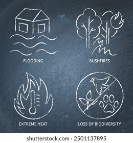 Conjunto de iconos de pizarra de impacto del cambio climático. Incendios forestales, inundaciones, altas temperaturas y pérdida de biodiversidad. Ilustración vectorial.