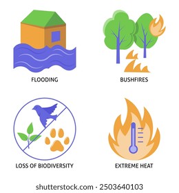 Conjunto de iconos planos de impacto del cambio climático. Incendios forestales, inundaciones, altas temperaturas y pérdida de biodiversidad. Ilustración vectorial.