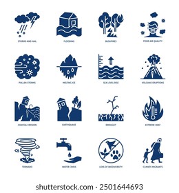 Climate change impact icon set. Global warming consequences. Vector illustration.