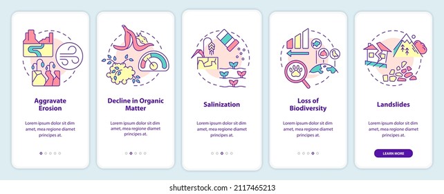 Climate change impact on environment onboarding mobile app screen. Walkthrough 5 steps graphic instructions pages with linear concepts. UI, UX, GUI template. Myriad Pro-Bold, Regular fonts used