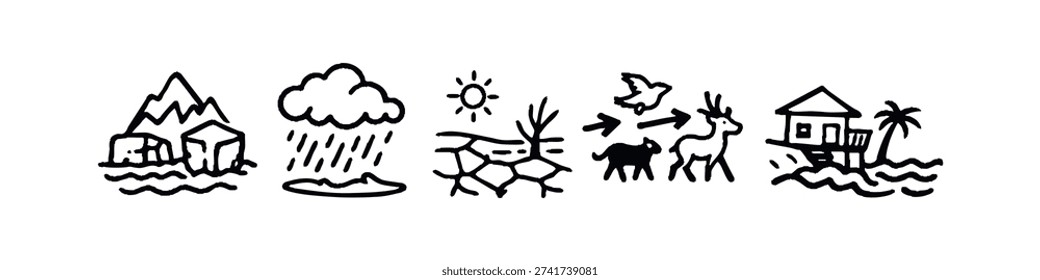 Climate Change Impacts and Environmental Disasters Hand Drawn Doodle Icons Set