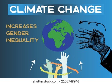 Climate change increases gender inequality vector graphic design concept. Hands compete with each other to grab a globe. Gender and climate change.