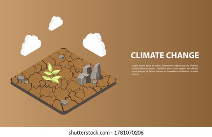 Climate Change isometric background with crack ground, leaf, stone and cloud