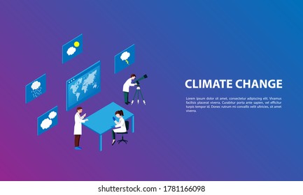 Climate Change Isometric background design withscientists researching and climate infographic