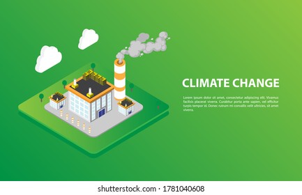 Climate Change Isometric Background With Green Grass. Factory Smoke, And Cloud