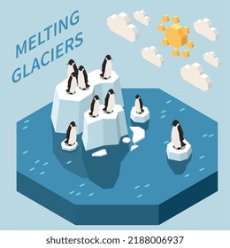 Climate change isometric background with group of penguins on melting glaciers 3d vector illustration