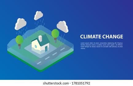 Climate Change isometric background with house in water, green grass, tree, and cloud rain