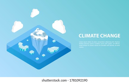 Climate Change Isometric Background With Ice Snow On The Sea And Cloud