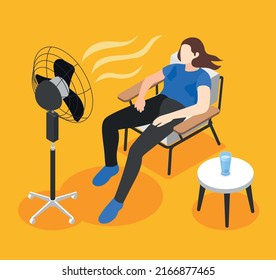 Climate change isometric background with man suffering from overheating vector illustration