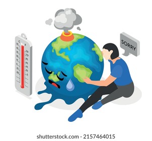 Climate change isometric composition with melting overheated globe vector illustration