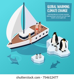 Climate change isometric composition with people on sailboat, dolphins underwater and penguins on melting floes vector illustration