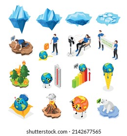 Climate change isometric icons illustrated global warming as effect from human activity isolated vector illustration