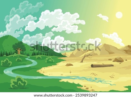 Climate change with land degradation. Global desertification environmental problems. Soil erosion. Global warming concept