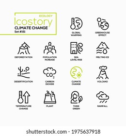 Climate change - line design style icons set. Environmental conservation, ecological problems. Global warming, greenhouse effect, deforestation, population increase, sea level rise, desertification