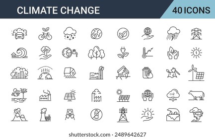 Climate Change Line Editable Icons set. Includes factory, oil barrel, plastic, save earth, energy, waste, and More.
