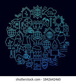 Concepto de círculo de iconos de la línea del cambio climático. Ilustración vectorial del diseño de contorno.