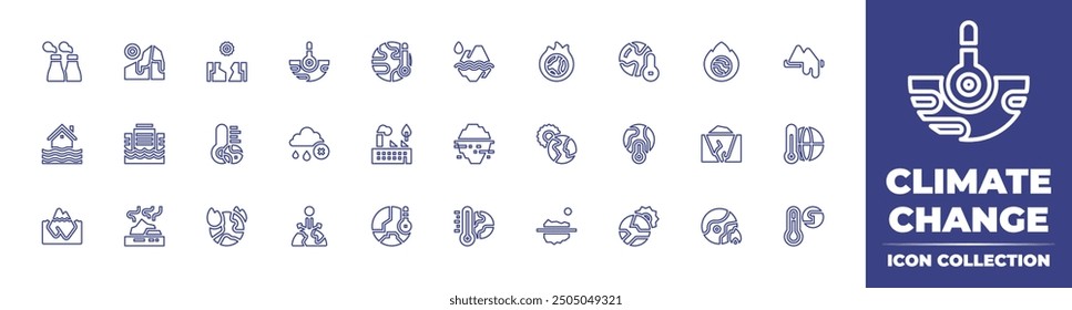 Climate change line icon collection. Editable stroke. Vector illustration. Containing globalwarming, climatechange, glacier, flood, drought, norain, factory, greenhouseeffect, iceberg.