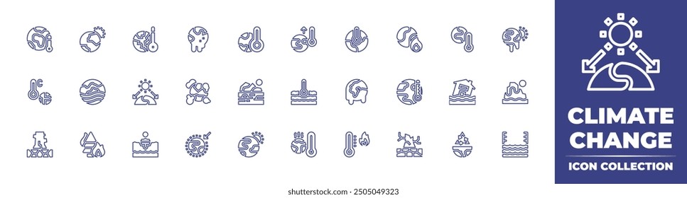 Climate change line icon collection. Editable stroke. Vector illustration. Containing globalwarming, sun, pollution, heatwave, greenhouseeffect, burning, glacier, ice, drought.