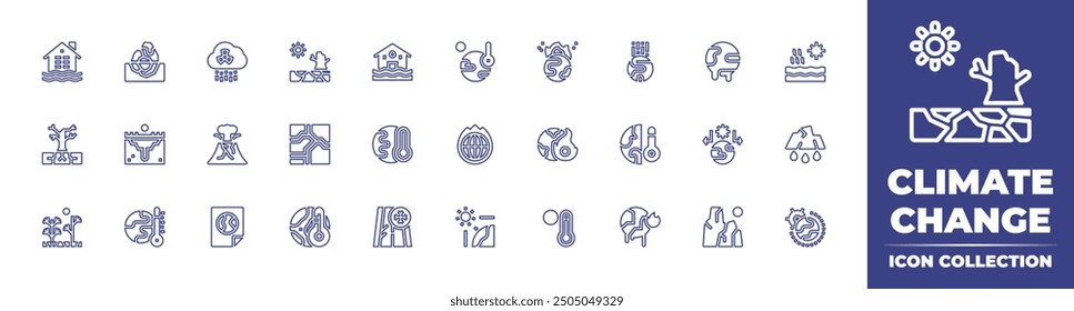 Climate change line icon collection. Editable stroke. Vector illustration. Containing climatechange, permafrost, worldenvironmentday, floods, acidrain, iceberg, dry, desertification, eruption.