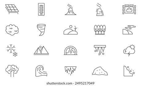 Climate change line icon set. Global warming, greenhouse, catastrophe, cataclysm, eco product, clean energy, renewable energy, recycling, reusable, and recycling outline icon collection. Ui thin icons