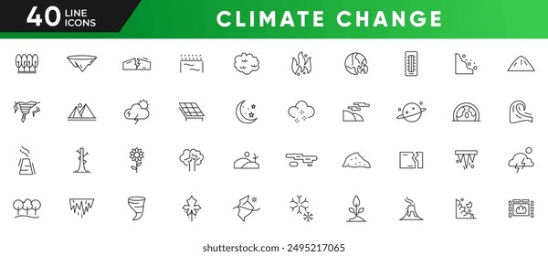 Klimaschutzzeile-Symbolsatz. Globale Erwärmung, Treibhaus, Katastrophe, Katastrophen, Ökoprodukt, saubere Energie, erneuerbare Energien, Recycling, Wiederverwendbarkeit und Recycling - Skizzen-Kollektion. Dünne Symbole der Benutzeroberfläche