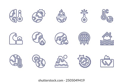 Climate change line icon set. Editable stroke. Vector illustration. Containing ozone, globalwarming, recycle, extremeweather, earth, tsunami, flood, polarice, iceberg.