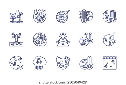 Climate change line icon set. Editable stroke. Vector illustration. Containing globalwarming, greenhouseeffect, acidrain, dry, desertification, oceanacidification.