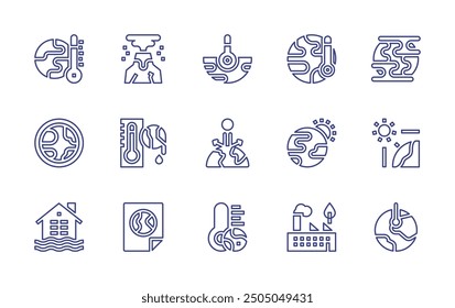 Climate change line icon set. Editable stroke. Vector illustration. Containing climatechange, globalwarming, greenhousegas, greenhouseeffect, worldenvironmentday, floods, volcano.