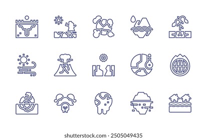 Climate change line icon set. Editable stroke. Vector illustration. Containing drought, extremeweather, pollution, wind, permafrost, globalwarming, iceberg, flood, eruption.