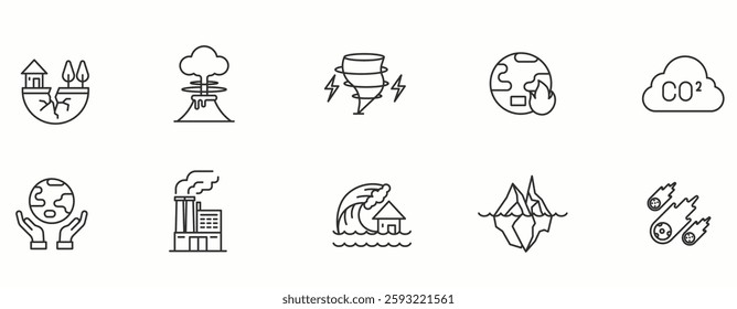 Climate Change line Icon Set. Ecology, nature, earth, renewable, energy, greenhouse, . Vector Illustration