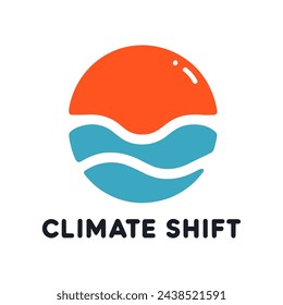Climate change logo with orange sun and blue waves. Global warming or climate change concept. Vector illustration