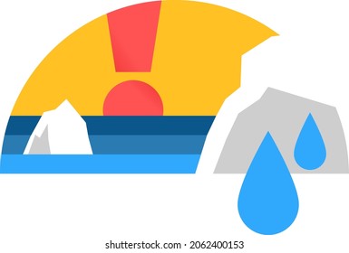 climate change melting ice water with big exclamation mark sun minimal flat isolated vector graphic icon or illustration