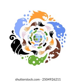 Climate change, climate migration, natural disasters, humanity, support and help. Global eco problems. Conceptual illustration. Vector file.