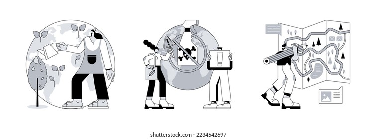 Climate change mitigation abstract concept vector illustration set. Reforestation, herbicide ban, area management, replanting trees, insecticide and pesticide ban, organic farming abstract metaphor.