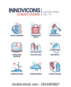 Climate change - modern line design style icons set. Ecological problem, global warming idea. Greenhouse effect, deforestation, sea level rise, melting ice, desertification, carbon dioxide issues